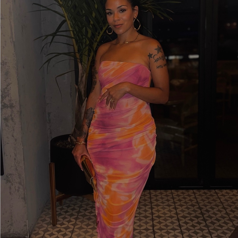 Zara Vibrant Strapless Pink and Orange Dress